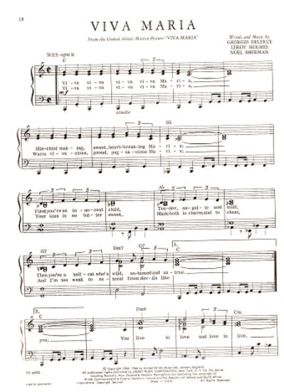 Picture of Viva Maria, movie title song, Georges Delerue/ Leroy Holmes/ Noel Sherman, piano/vocal, sheet music