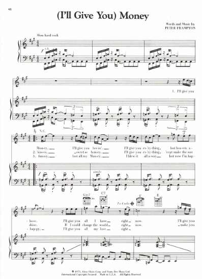 Picture of (I'll Give You) Money, written & recorded by Peter Frampton, sheet music