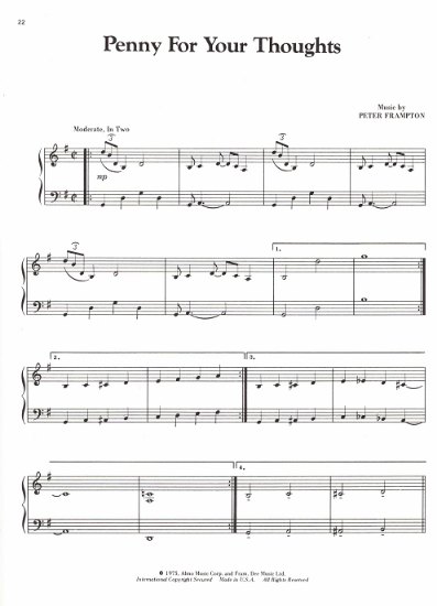 Picture of Penny for Your Thoughts, written & recorded by Peter Frampton, sheet music