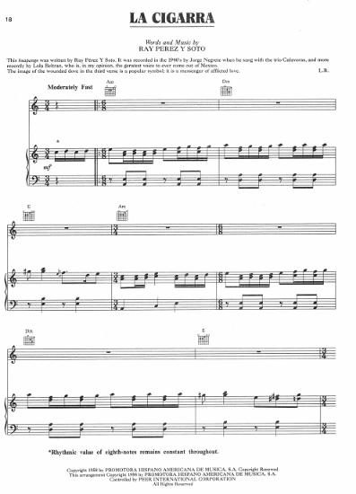 Picture of La Cigarra, Ray Perez Y Soto, recorded by Linda Ronstast, sheet music