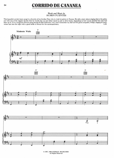 Picture of Corrido de Cananea, Ruben Fuentes, recorded by Linda Ronstast, Corey's Coming, written & recorded by Harry Chapin, sheet music