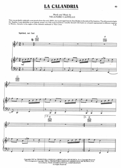 Picture of La Calandria, Nicandro Castillo, recorded by Linda Ronstast, sheet music