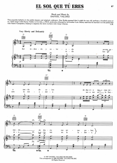 Picture of El Sol Que Te Eres, Daniel Valdez, recorded by Linda Ronstast, sheet music