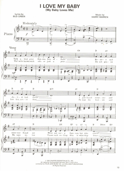 Picture of I Love My Baby (My Baby Loves Me), Bud Green & Harry Warren, first recorded by Aileen Stanley, sheet music