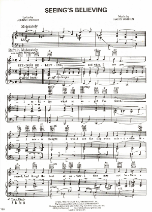 Picture of Seeing's Believing, from movie "Belle of New York", Johnny Mercer & Harry Warren, sung by Fred Astaire, sheet music