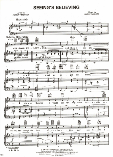 Picture of Seeing's Believing, from movie "Belle of New York", Johnny Mercer & Harry Warren, sung by Fred Astaire, sheet music