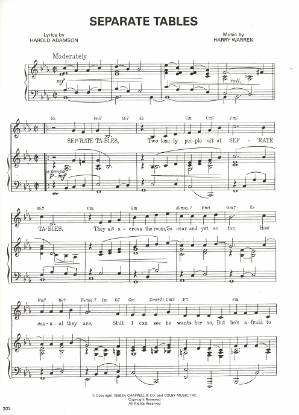 Picture of Separate Tables, movie title song, Harold Adamson & Harry Warren, sung by Vic Damone, sheet music
