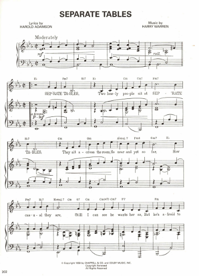 Picture of Separate Tables, movie title song, Harold Adamson & Harry Warren, sung by Vic Damone, sheet music
