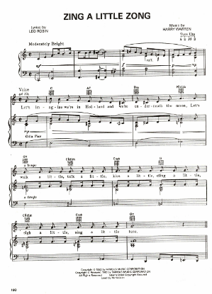Picture of Zing a Little Zong, from movie "Just for You", Leo Robin & Harry Warren, sung by Bing Crosby & Jane Wyman, sheet music