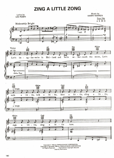 Picture of Zing a Little Zong, from movie "Just for You", Leo Robin & Harry Warren, sung by Bing Crosby & Jane Wyman, sheet music
