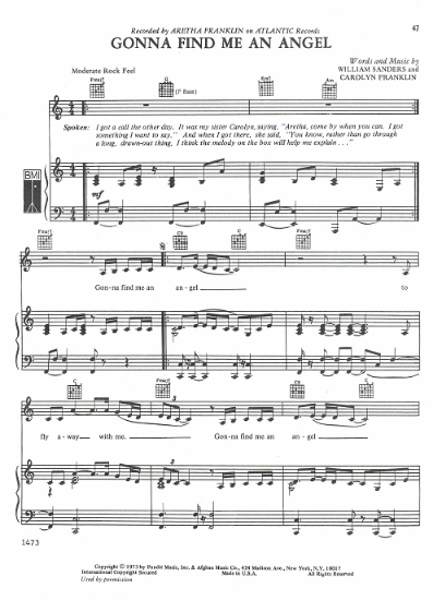 Picture of Gonna Find Me an Angel, William Sanders & Carolyn Franklin, recorded by Aretha Franklin, sheet music