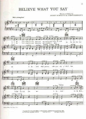 Picture of Believe What You Say, Dorsey & Johnny Burnette, recorded by Ricky Nelson, sheet music