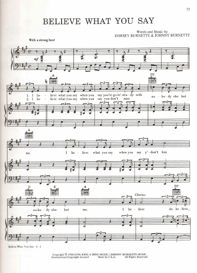 Picture of Believe What You Say, Dorsey & Johnny Burnette, recorded by Ricky Nelson, sheet music