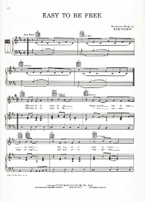 Picture of Easy to be Free, written & recorded by Rick Nelson, sheet music