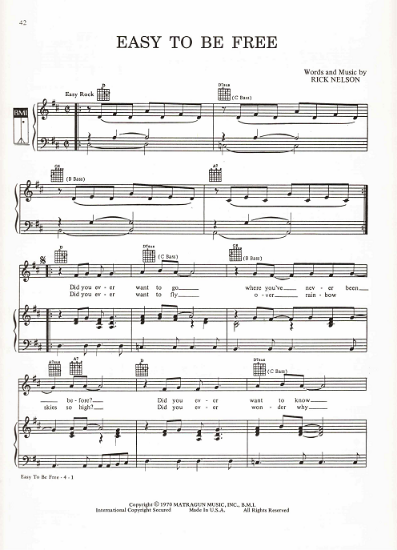 Picture of Easy to be Free, written & recorded by Rick Nelson, sheet music
