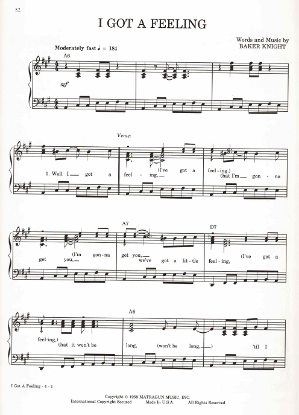 Picture of I Got a Feeling, Baker Knight, recorded by Ricky Nelson, sheet music