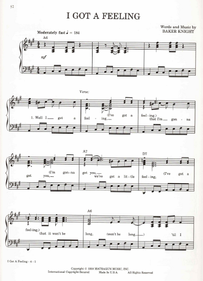 Picture of I Got a Feeling, Baker Knight, recorded by Ricky Nelson, sheet music