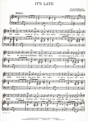 Picture of It's Late, Dorsey Burnette, recorded by Ricky Nelson, sheet music