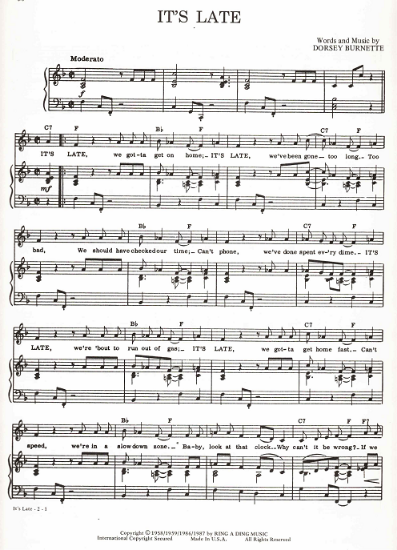Picture of It's Late, Dorsey Burnette, recorded by Ricky Nelson, sheet music