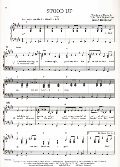 Picture of Stood Up, Dub Dickerson & Erma Herrold, recorded by Ricky Nelson, sheet music