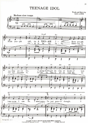 Picture of Teenage Idol, Jack Lewis, recorded by Ricky Nelson, sheet music