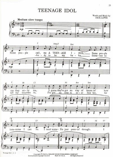 Picture of Teenage Idol, Jack Lewis, recorded by Ricky Nelson, sheet music