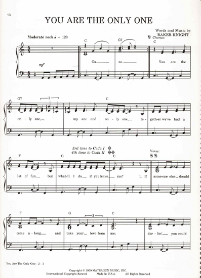 Picture of You Are the Only One, Baker Knight, recorded by Ricky Nelson, sheet music