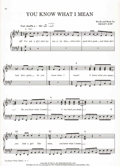 Picture of You Know What I Mean, Mickey Jupp, recorded by Ricky Nelson, sheet music