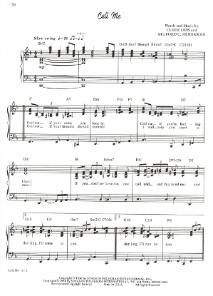 Picture of Call Me, Clyde Otis & Belford C. Hendricks, recorded by Johnny Mathis, sheet music