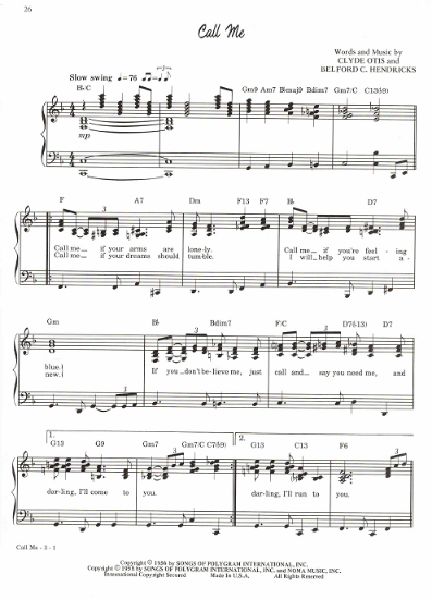 Picture of Call Me, Clyde Otis & Belford C. Hendricks, recorded by Johnny Mathis, sheet music