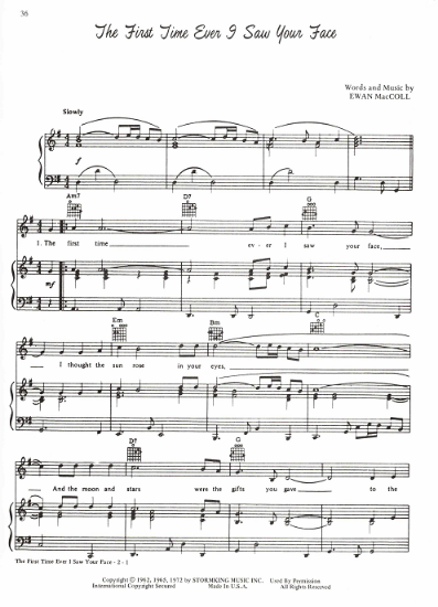 Picture of The First Time Ever I Saw Your Face, Ewan MacColl, recorded by Johnny Mathis, sheet music