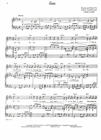 Picture of Gina, Paul Vance & Leon Carr, recorded by Johnny Mathis, sheet music