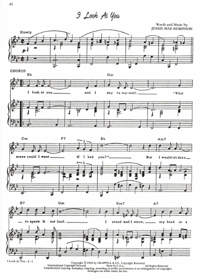 Picture of I Look at You, Jessie Mae Robinson, recorded by Johnny Mathis, sheet music