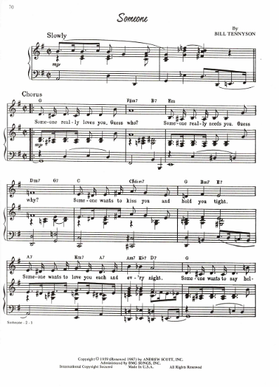 Picture of Someone, Bill Tennyson, recorded by Johnny Mathis, sheet music