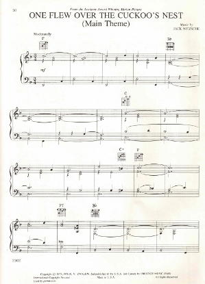 Picture of One Flew Over the Cuckoo's Nest, movie main theme, Jack Nitzsche, piano solo, sheet music