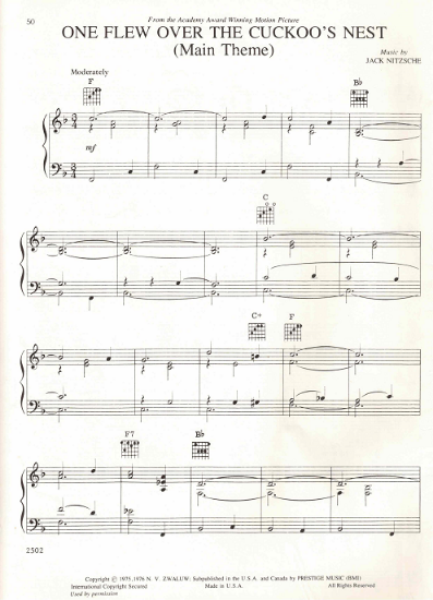 Picture of One Flew Over the Cuckoo's Nest, movie main theme, Jack Nitzsche, piano solo, sheet music