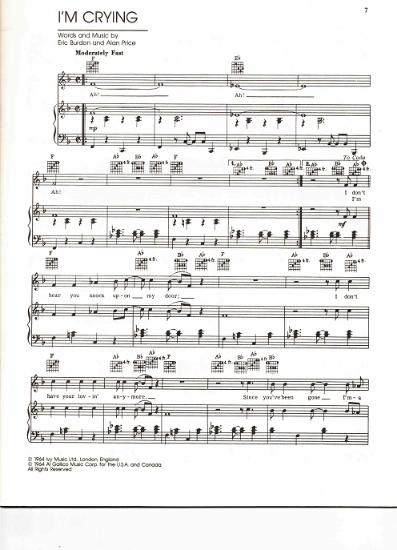 Picture of I'm Crying, Eric Burdon & Alan Price, recorded by The Animals, sheet music