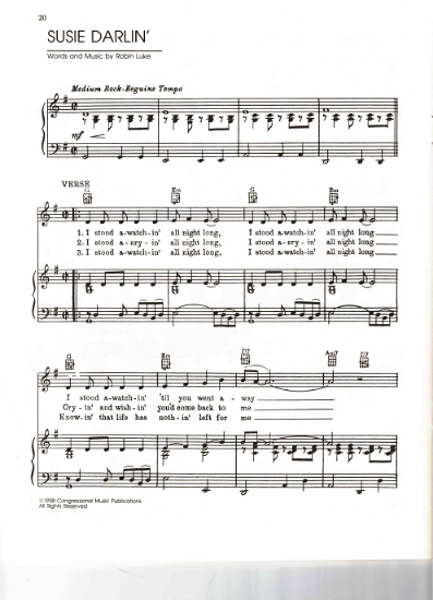 Picture of Susie Darlin', written & recorded by Robin Luke, sheet music