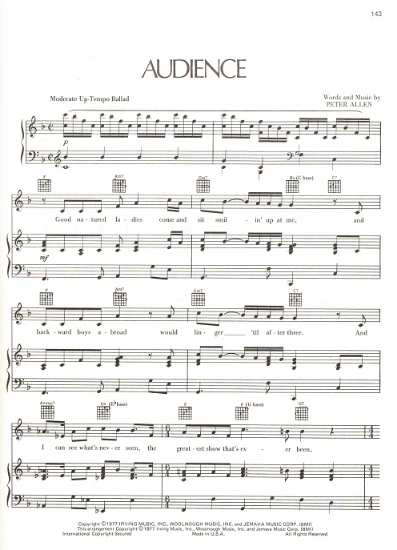 Picture of Audience, written & recorded by Peter Allen, sheet music
