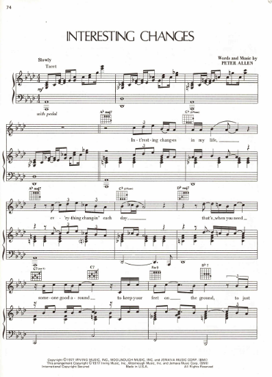 Picture of Interesting Changes, written & recorded by Peter Allen, sheet music