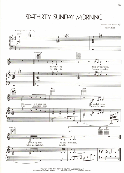 Picture of Six-Thirty Sunday Morning, written & recorded by Peter Allen, sheet music