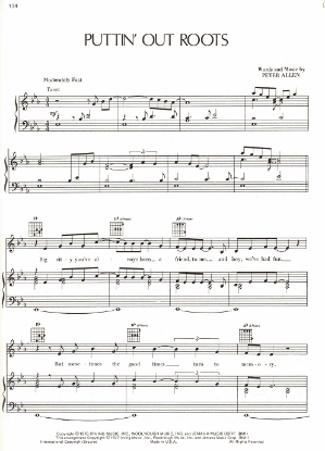 Picture of Puttin' Out Roots, written & recorded by Peter Allen, sheet music
