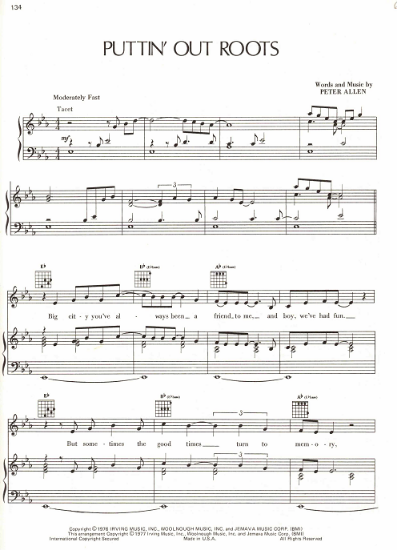 Picture of Puttin' Out Roots, written & recorded by Peter Allen, sheet music