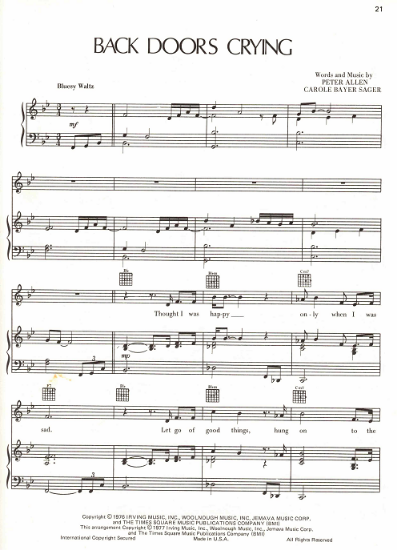 Picture of Back Doors Crying, Carole Bayer Sager & Peter Allen, sheet music