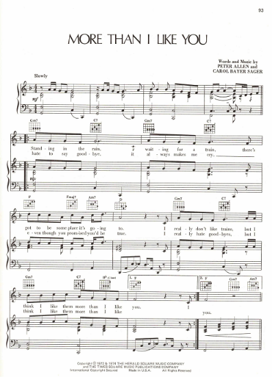 Picture of More Than I Like You, Carole Bayer Sager & Peter Allen, sheet music