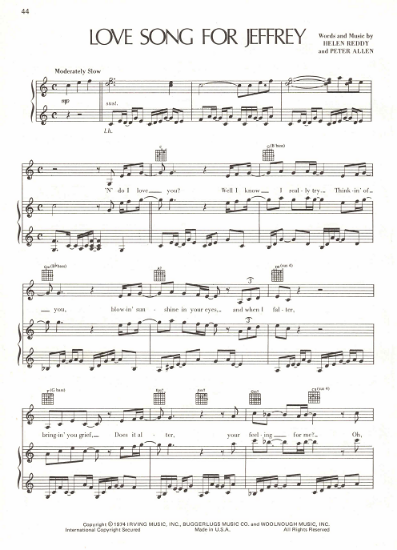 Picture of Love Song for Jeffrey, Helen Reddy & Peter Allen, sheet music
