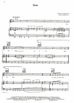 Picture of Venus, Ed Marshall, recorded by Johnny Mathis, sheet music