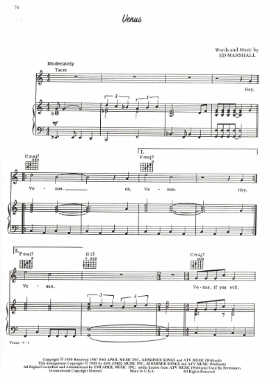 Picture of Venus, Ed Marshall, recorded by Johnny Mathis, sheet music