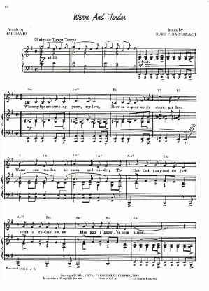 Picture of Warm and Tender, Hal David & Burt Bacharach, recorded by Johnny Mathis, sheet music