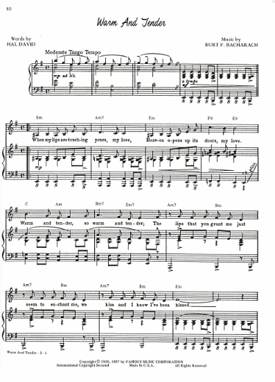 Picture of Warm and Tender, Hal David & Burt Bacharach, recorded by Johnny Mathis, sheet music